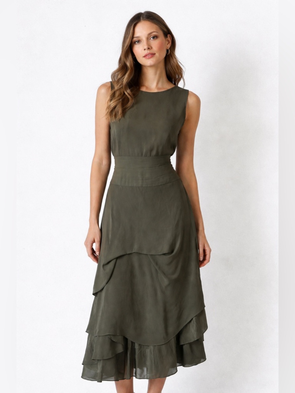 Morgane Le Fay 100% Silk Green Layered Sleeveless Faux Wrap Dress size Small
